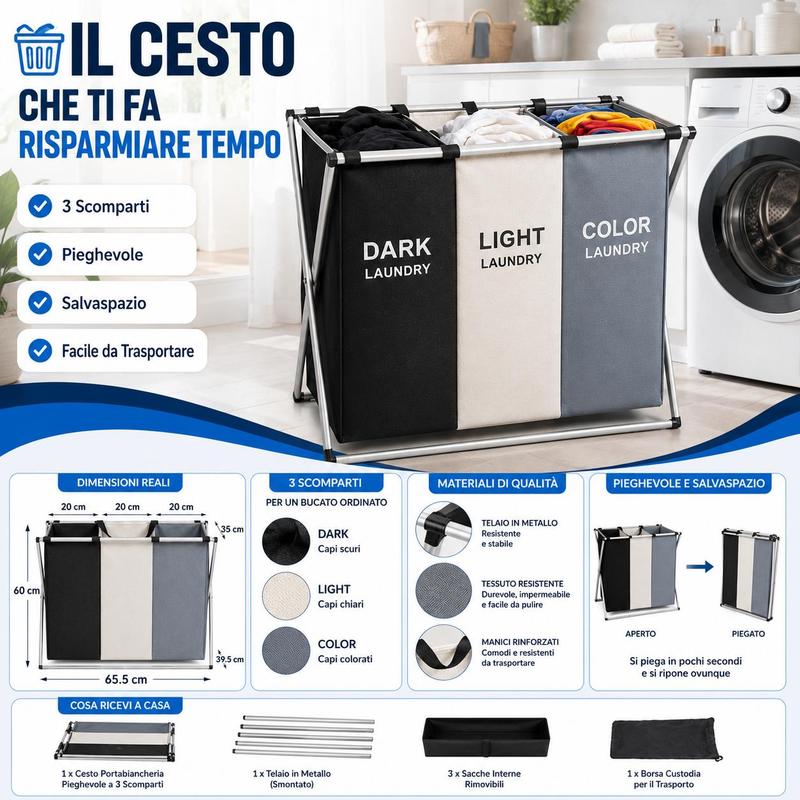 TEMU Foldable Laundry Basket With 3 Compartments And Metal Frame, Space-saving Laundry Hamper With Handles, Dirty Laundry Basket For Dark, Light, And