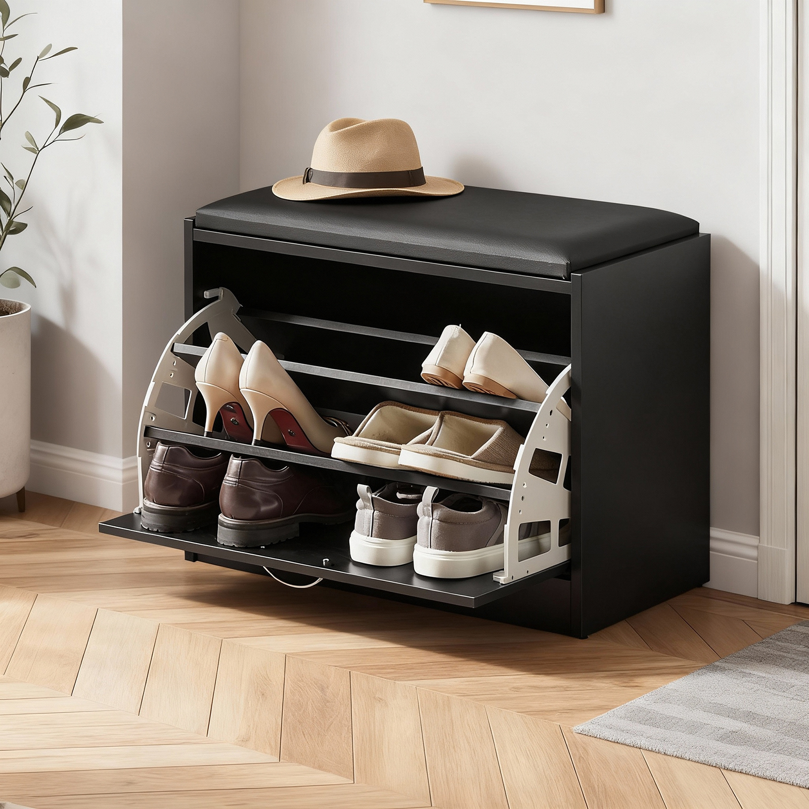 TEMU Shoe Bench Cabinet With 1 Flap And Cushion, Entryway Furniture, Shoe Storage, 60x30x47 Cm, Black - Gts27-
