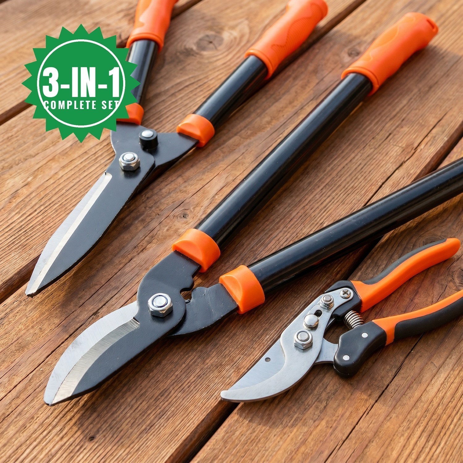 Zestaw narzędzi ogrodowych Heavy Duty 3 szt. - Sekatory bypassowe 30 mm + Nożyce do żywopłotu + Sekatory do przycinania, ostrza ze stali hartowanej, długi zasięg