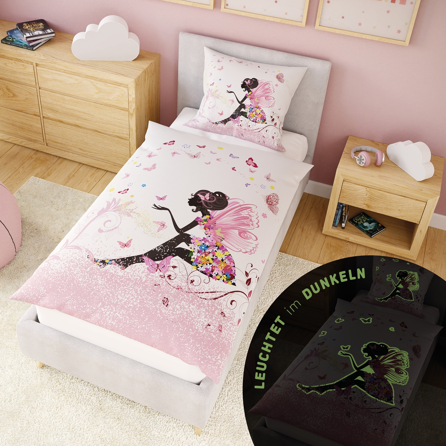 Image of Children's Bed Linen 135x200 Cm 100%, Children's Bed Linen 135x200cm With Pillow 80x80 Cm. Glow In The Dark Children's Bed Linen For Girls. Glowing Bed Linen For Girls. Flower Bedspread 135x200
