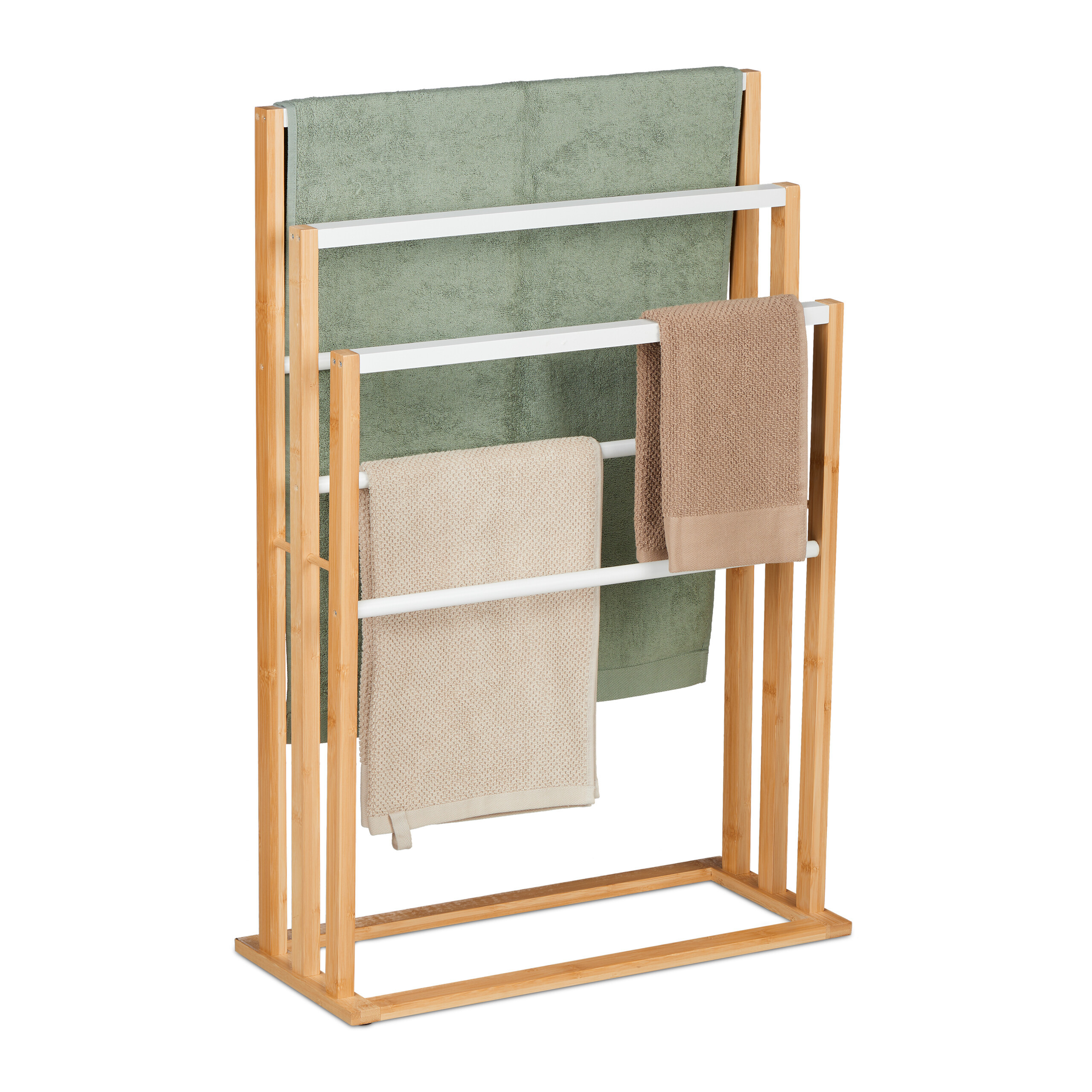 Image of Towel Rack, 6-tier, Bamboo, 82 X 55 X 24 Cm, Natural/white, Offset , Non-slip Rubber Feet, Freestanding, For Bath, Bathroom, And Bedroom, Shower Towel Holder, Towel Hanger, Laundry Dryer, Relaxdays