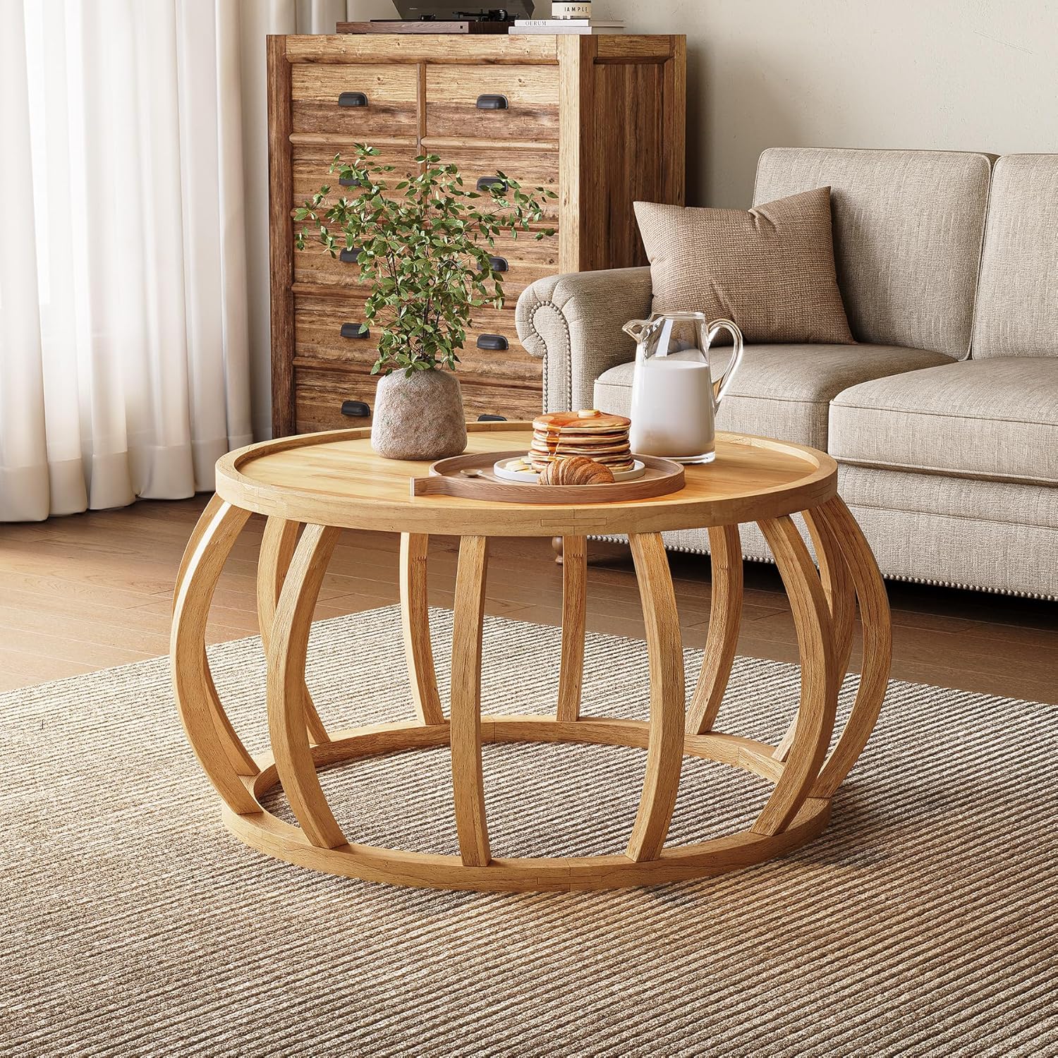 Vintage Solid Wood Coffee Table, 80 Cm Round Living Room Table With Curved For Living Room, Home Office, , Natural