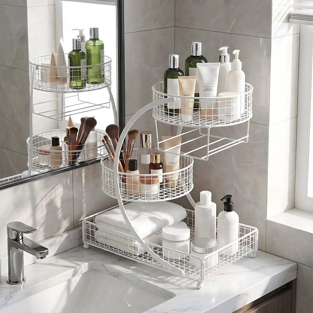 TEMU Bathroom Organization System 28x16x41cm In White/black, 3-tier Shelf For Cosmetics Skincare Towel Storage, Staggered Vanity Rack With Tissue