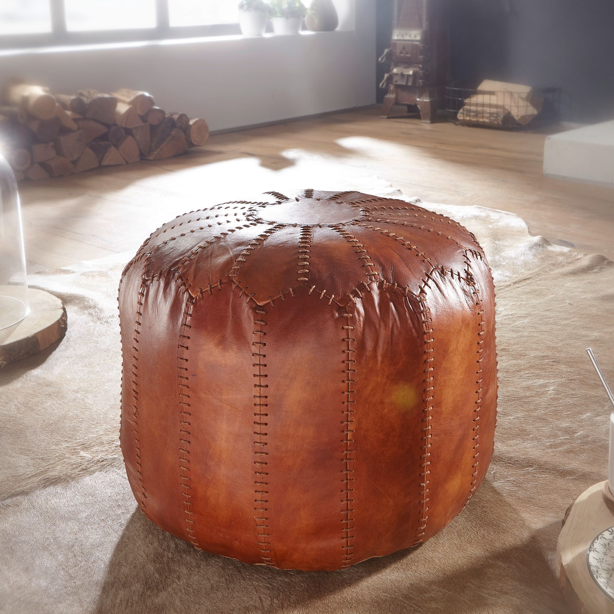 Image of Genuine Leather Brown Stool 52 X 40 X 52 Cm, Living Room Ottoman, Oriental Design Pouf Stool, Oriental Cushioned Stool With Footrest For Sofa
