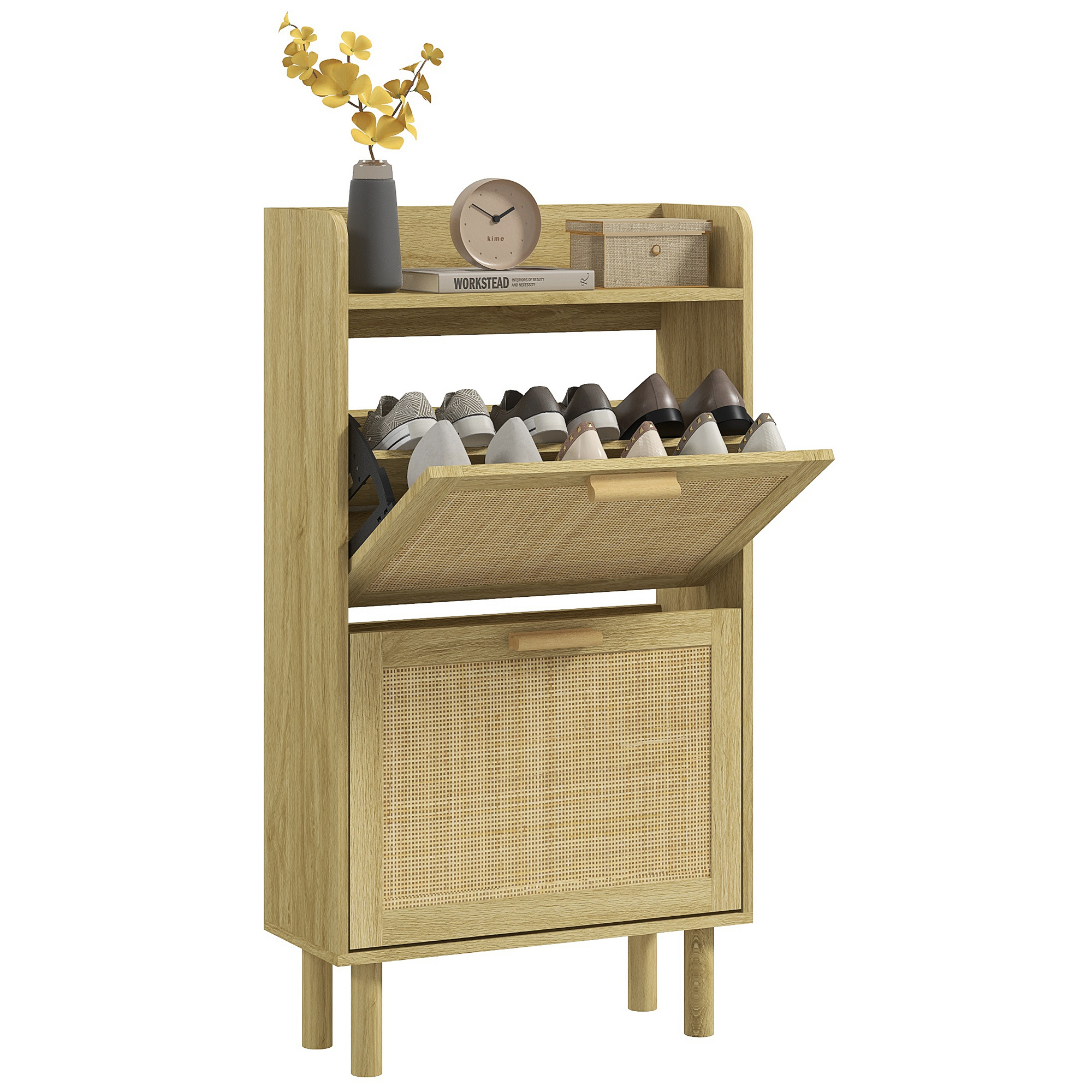 Image of Homcom Shoe Cabinet Shoe Rack 2-door Cabinet With Drop-down Doors 12 Pairs, Woven Rattan Effect - Dim. 80l X 24.5l X 110h Cm Natural