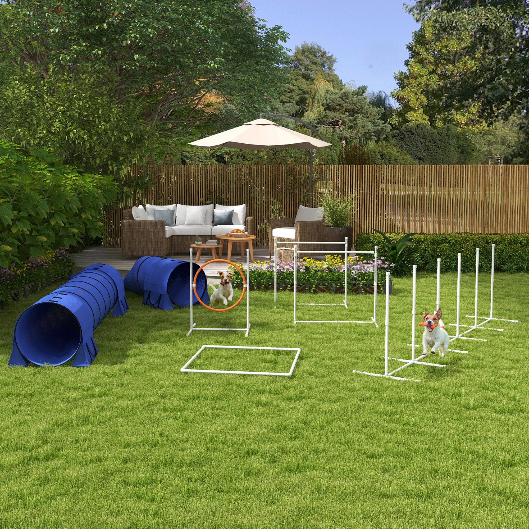 Image of Dog Agility Set, 7-piece Agility Equipment With Dog Tunnel, Jump Hurdles, Slalom Poles, Jump Ring, Storage Bag, Break Box, Height-adjustable Pop-up Hurdle Set For Dog Training