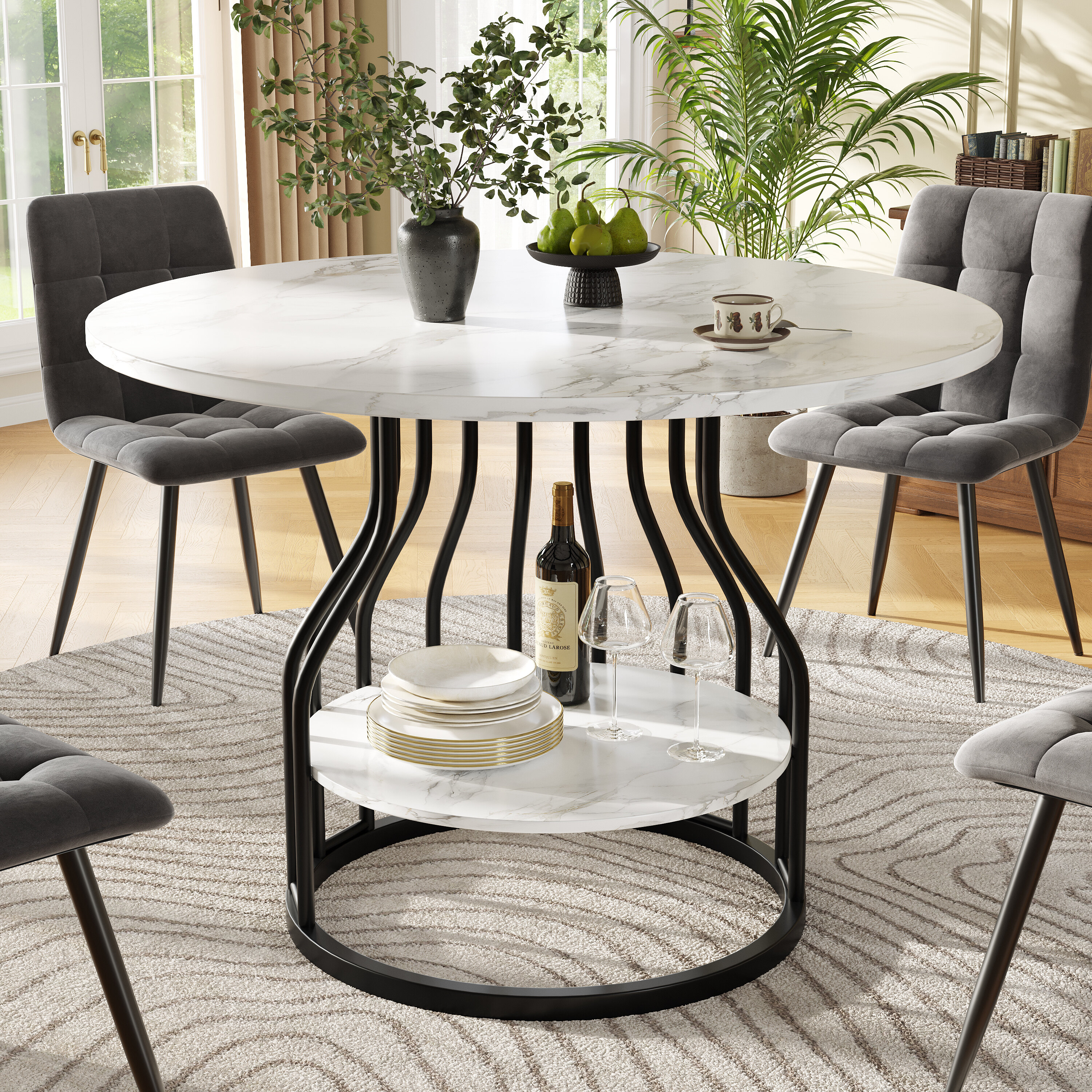 Round Dining Table (80×80×76cm), Kitchen Dining Table, Round Coffee Table For , Small Round Center Plate For Storage, Suitable For Dining Room, Living Room, Mdf Marble Tabletop, Black