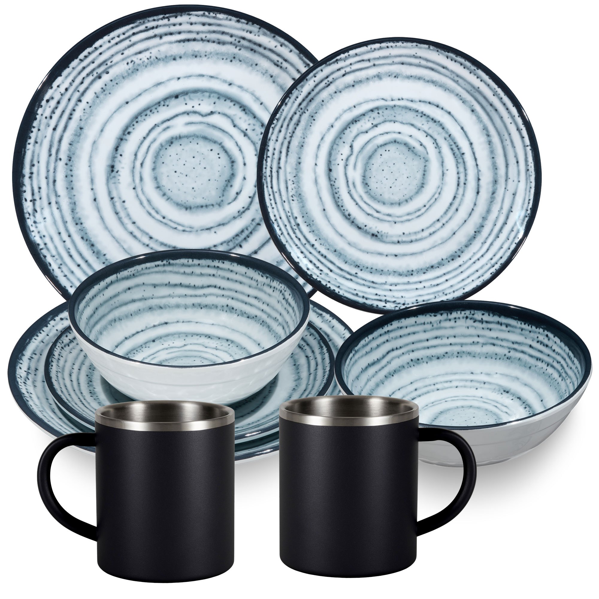 Image of Melamine Dish Set For 2 People - 8pcs - With Stainless Steel Thermal Cups Stone Look Dishwasher Safe Tableware Camping Accessories Camping Dishware Camping Festival Picnic Garden Party