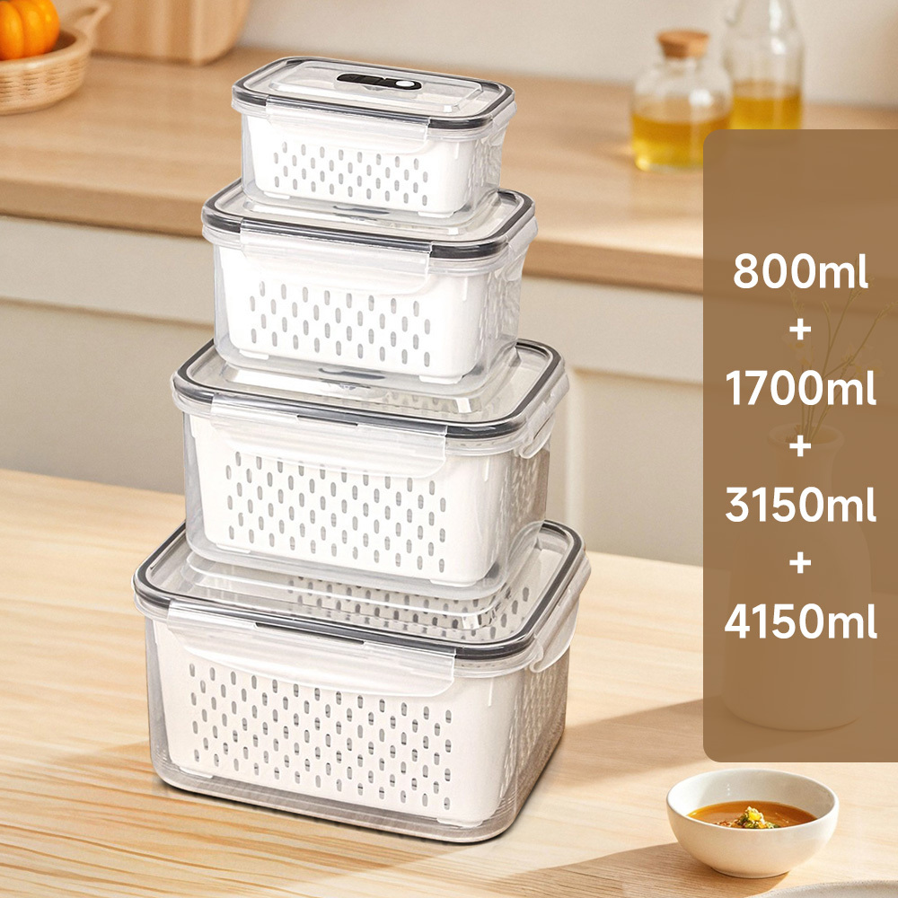 TEMU 4pcs Fridge Food Storage Container Set With Lids And Handle With Strainer, Fruit Vegetable Storage Containers, Fridge Organizer Set For Food