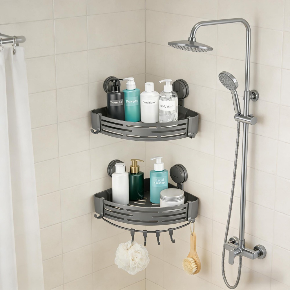 TEMU 2pcs Suction Triangle Storage Rack Corner Shower Shelf With Anti-drop , Large Capacity Bathroom Organizer For Toilet & Kitchen