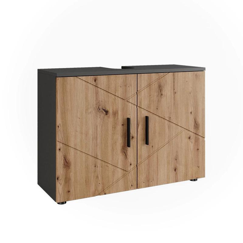 Image of Irma Anthracite/golden Oak 80 X 59 Cm Washbasin Cabinet With 2 Doors, Bathroom Furniture For Washbasin, 16 Mm Bathroom Cabinet, Spanplatte.
