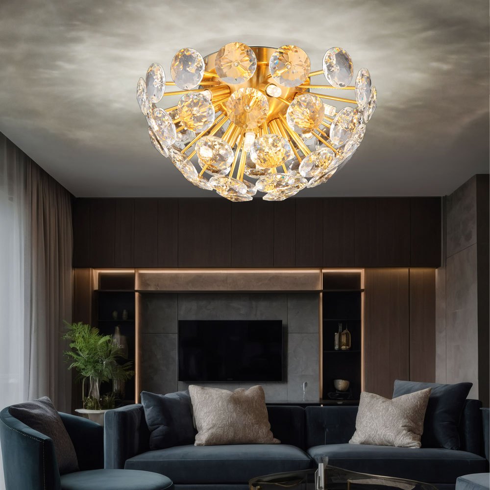Image of Crystal Ceiling Light Clear Crystal Chandelier Lamp Golden, Metal, 10x G9 Sockets, Dxh 39 X 22 Cm