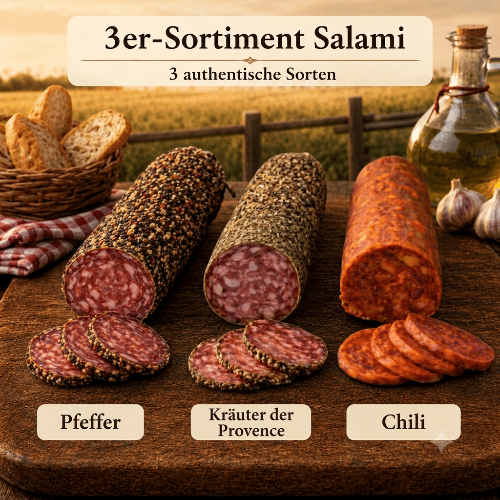 3-piece Salami Assortment - Flavors: Pepper, Herbs Of Provence, And Chili ◈ 100% French Salami ◈ Natural Casings And Hand-tied ◈ Artisanal Craftsmanship By Chillet House Since 1902