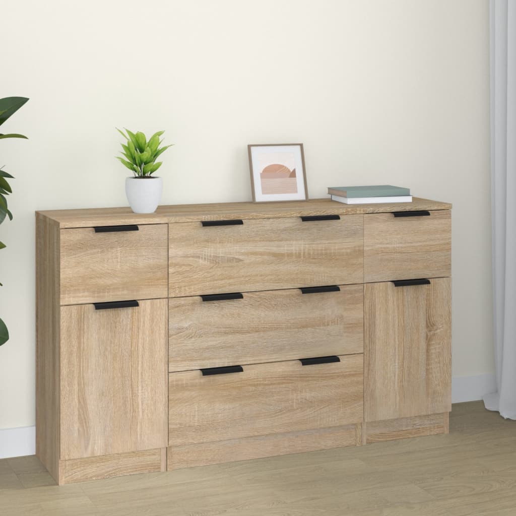 Image of Vidaxl Sideboard Set 3-piece, Dresser Sideboard Cabinet, Side Cabinet, Multipurpose Cabinet, Freestanding Cabinet, Living Room Cabinet, Oak Wood Material