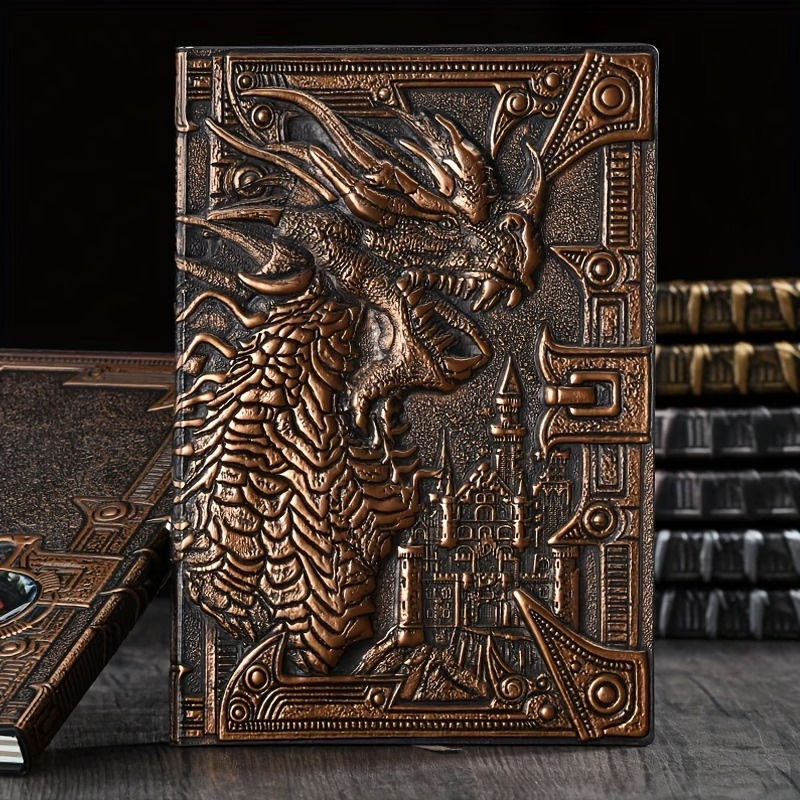 TEMU 1pc Dragon Embossed Vintage Notebook - Blank Paper Creative Writing Journal - Faux Leather Hardcover For Travel Memories - Unique Holiday Gift