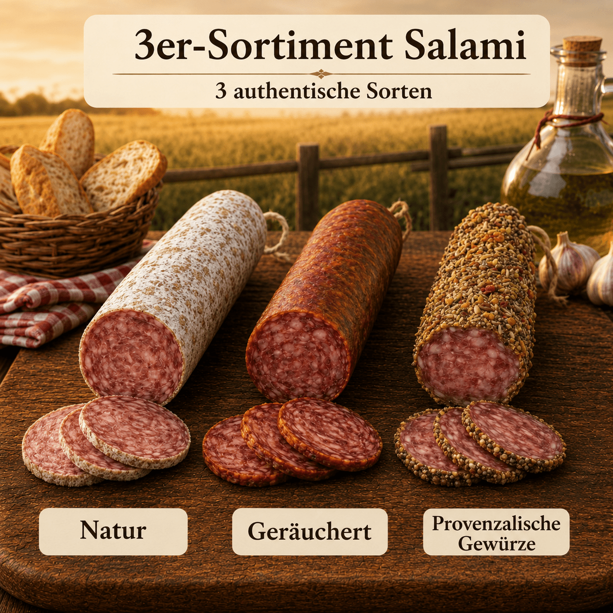 Image of 3-piece Salami Assortment - Flavors: Natural, Smoked, And Provençal Spices ◈ 100% French Salami ◈ Natural Casings And Hand-tied ◈ Artisanal Craftsmanship By Chillet House Since 1902