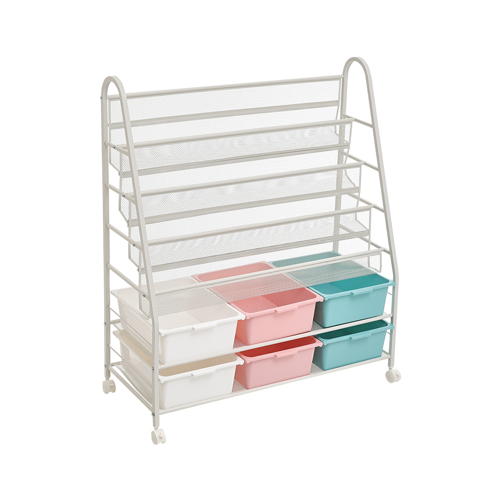 6-Tier Mobile Bookshelf with Wheels and 6 Storage Boxes