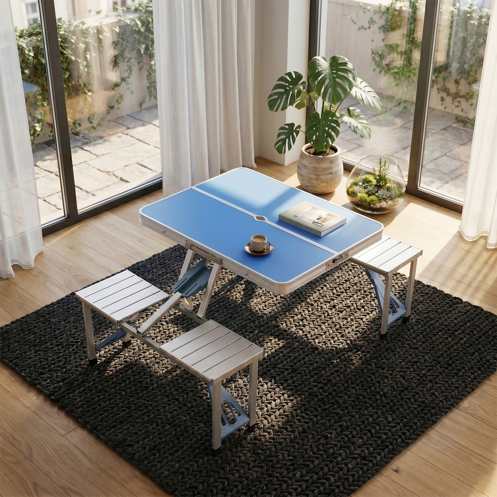 Blue Portable Folding Camping Picnic Table and Chairs Set