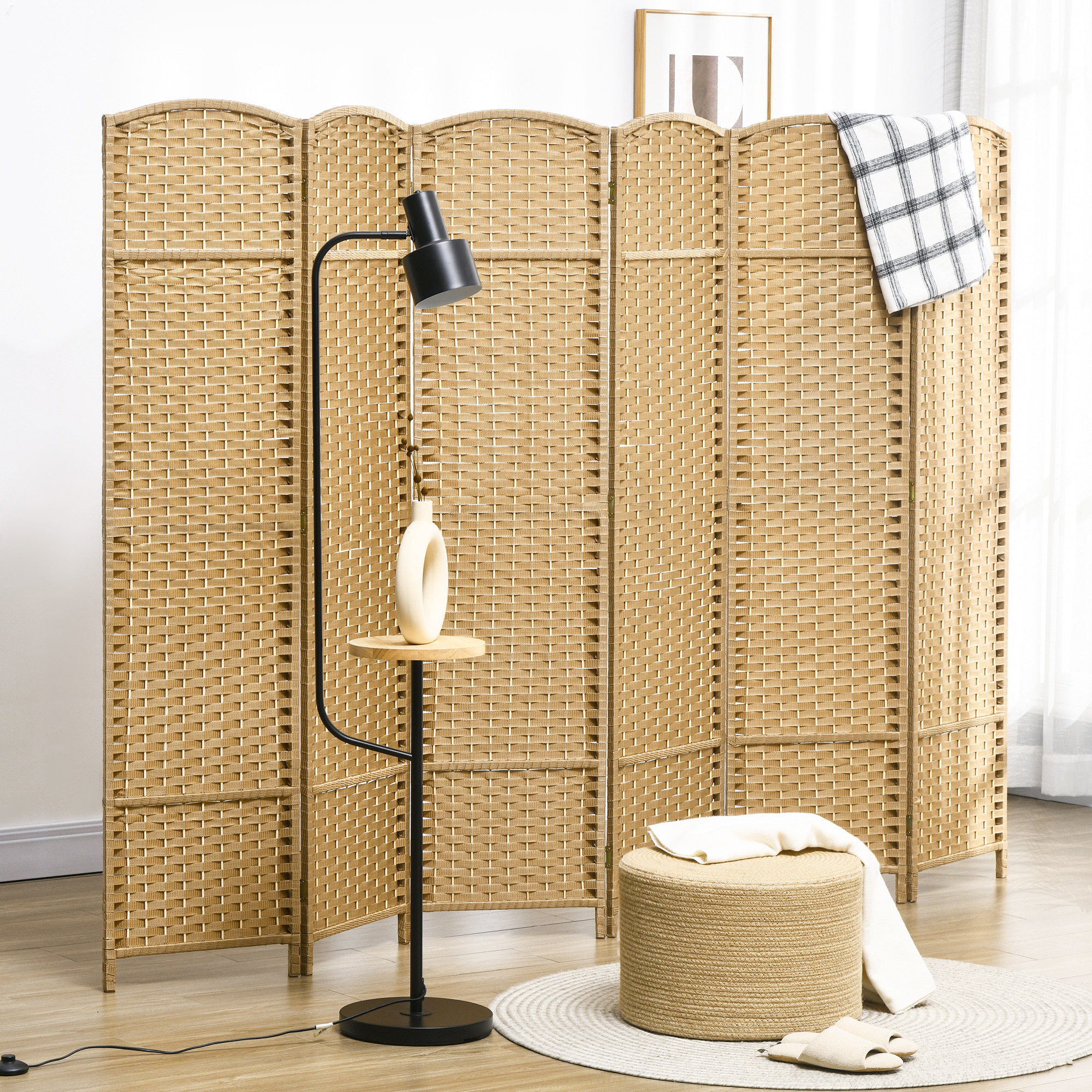 6-panel Foldable Room Divider, 240 X 170 Cm, Pine Wood Screen, Privacy Partition For Living Room, Natural