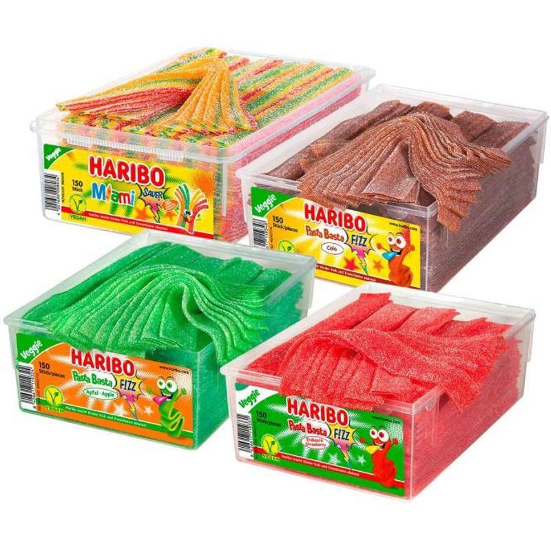 Image of Haribo Pasta Basta Sour Vegan Mix Cans, 4-pack