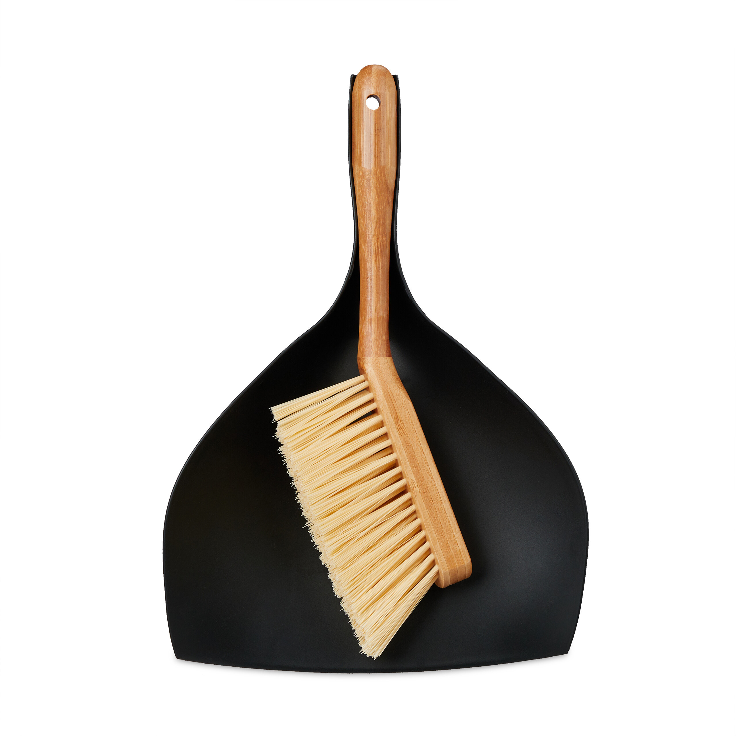 TEMU Ensemble pelle et balayette bambou, avec pelle à poussière et brosse à main, 36 x 25 x 6 cm, plastique et bambou, noir-naturel, emboîtable et