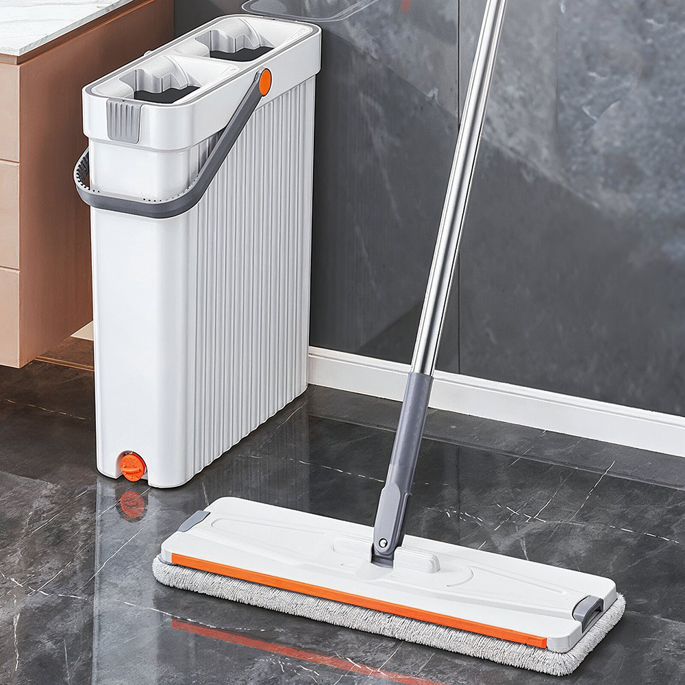2 in 1 hands   mop bucket set dry wet   with washable mop cloths quick dry for hardwood tile laminate bathroom 2 reusable microfiber pads details 0