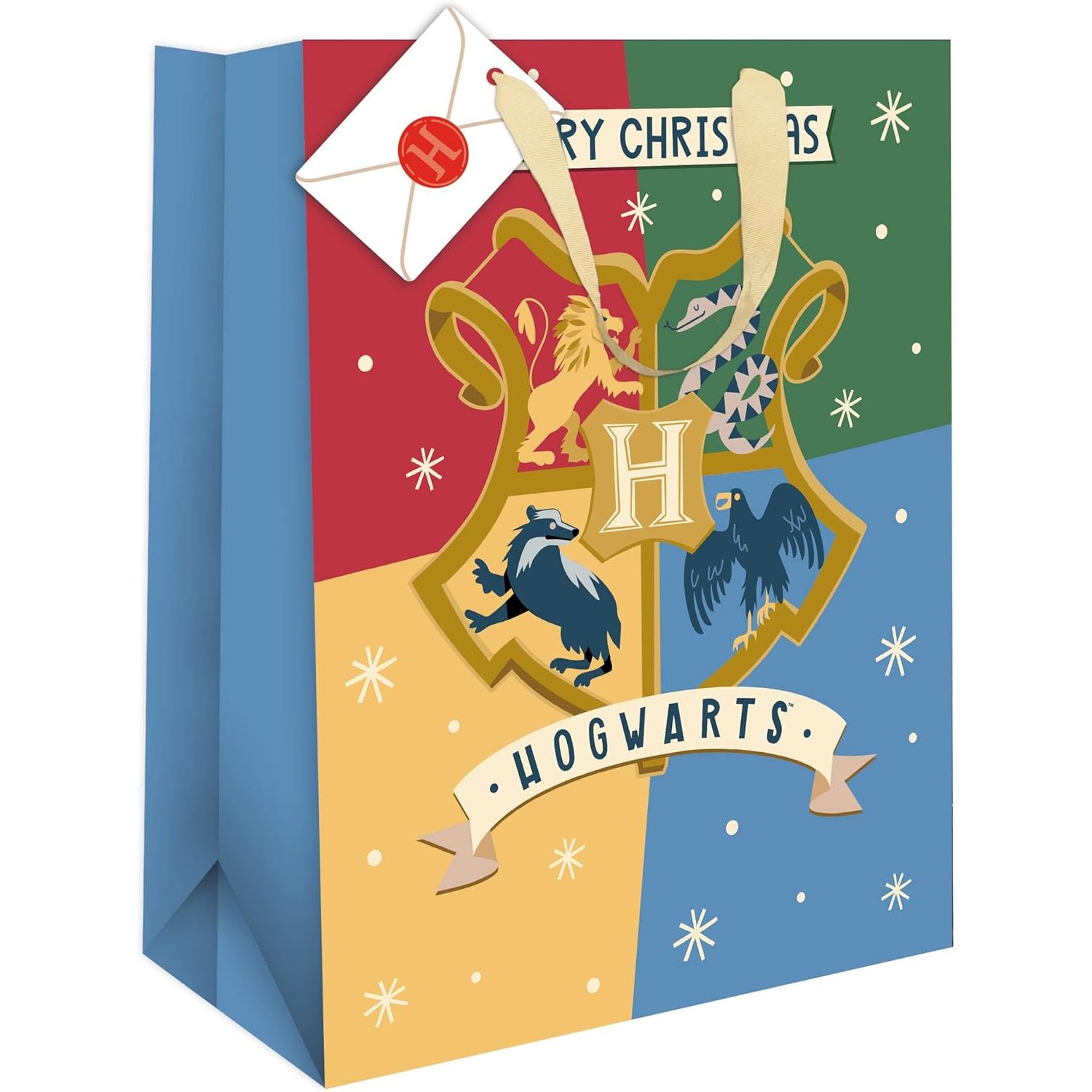 TEMU Official Harry Potter Large Christmas Gift Bag With Gift Tag – Hogwarts House Festive Present Bag, Wizarding World Xmas Gift Packaging, Yellow