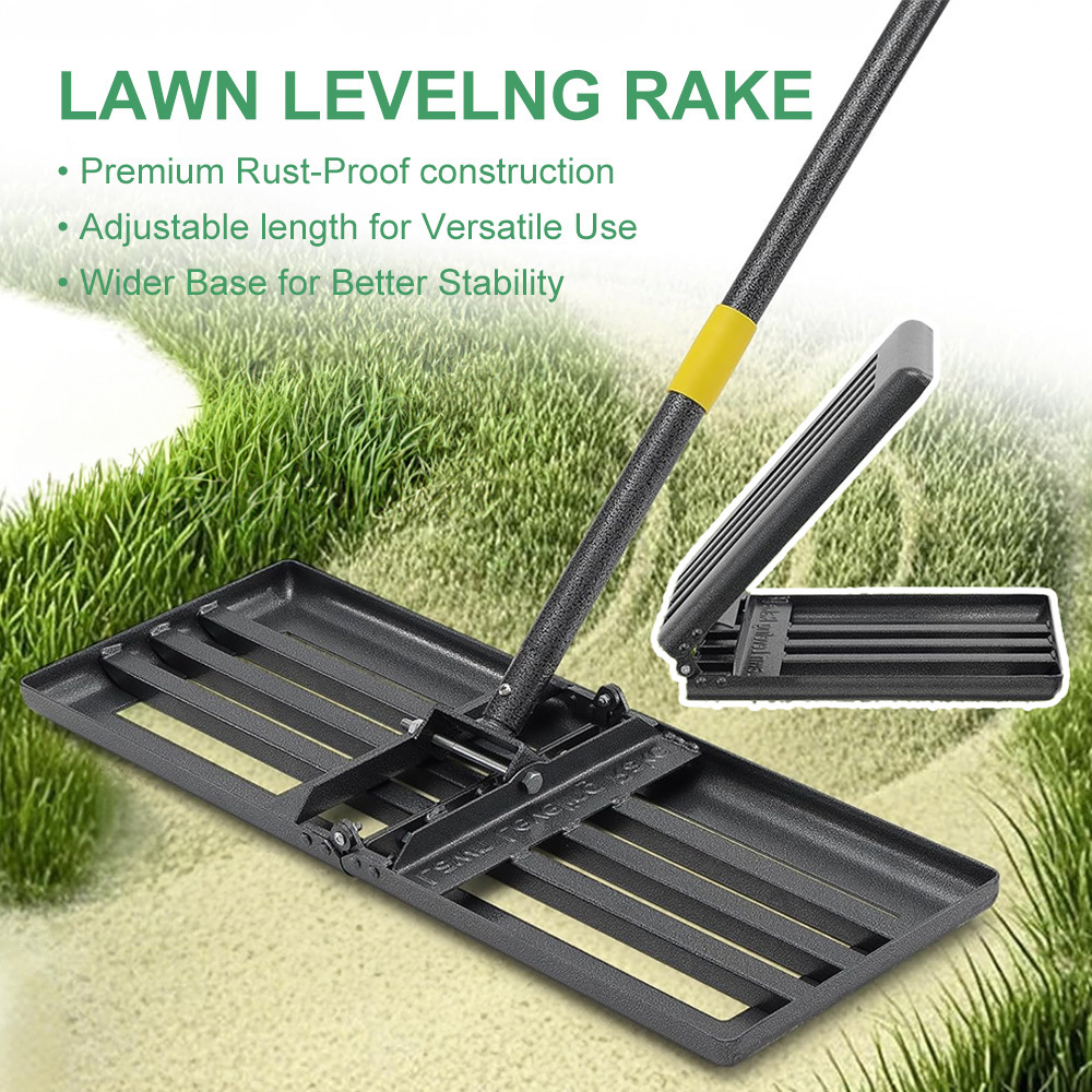 TEMU Folding Stainless Steel Lawn Leveling Rake With Adjustable Length Handle And Non-slip Grip, Large 30 X 10 Inch Heavy-duty , Curved For Reduced