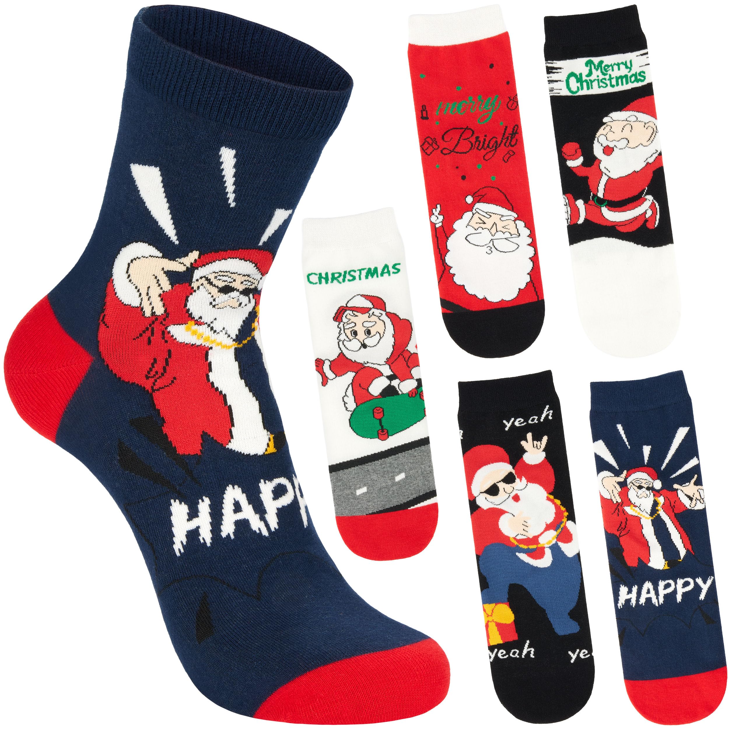TEMU Brubaker 5 Pairs Of Christmas Socks - Happy Santa - Cartoon Santa With Skateboard And Sunglasses - Funny Men's Christmas Socks - Colorful Cotton