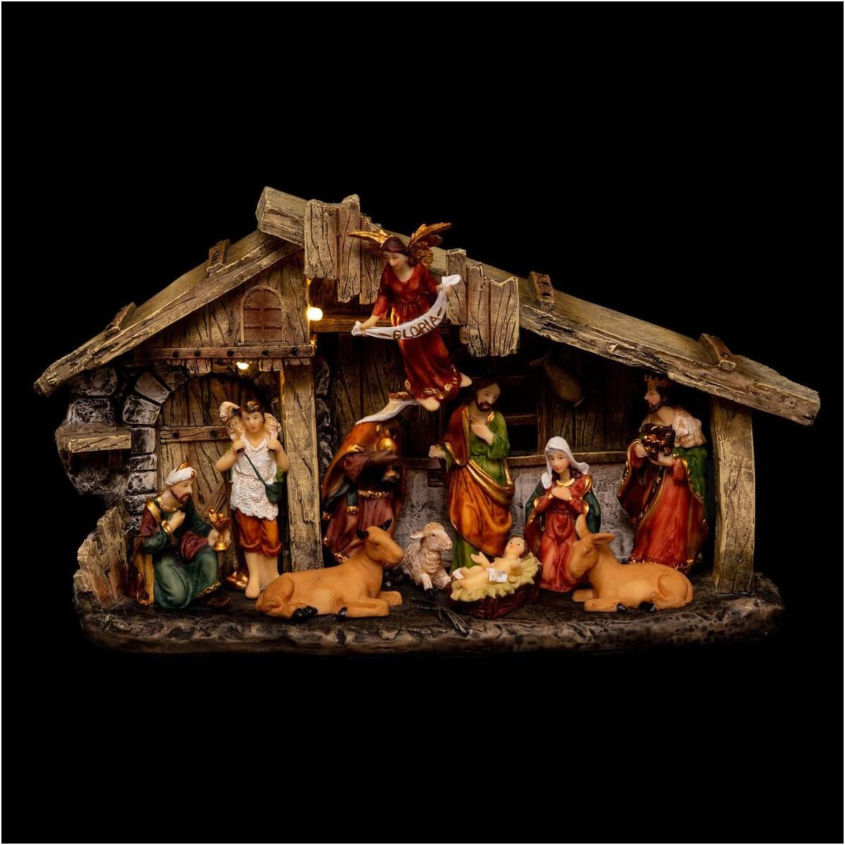 Image of Christmas Crib With 11 Resin Figurines, 18cm High, Luminous