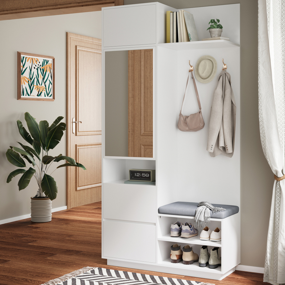 Image of Hallway Cabinet With Function | Mirror Cabinet + Hooks + Shoe Rack + Drawers + Bench | Space Utilization For Narrow | For , Coat Racks, Apartments | Enhances Living Experience & Practical