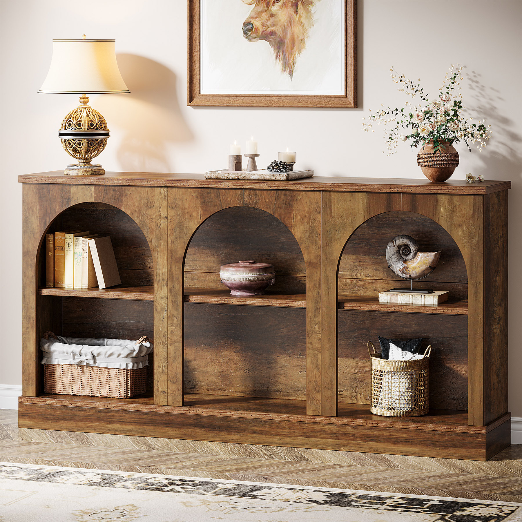 Farmhouse Console Table, 160 Cm Long Entryway Table With 3 Tiers, Rectangular Wooden Sofa Table Behind The Couch, For Entryway, Hallway, Living Room, Brown
