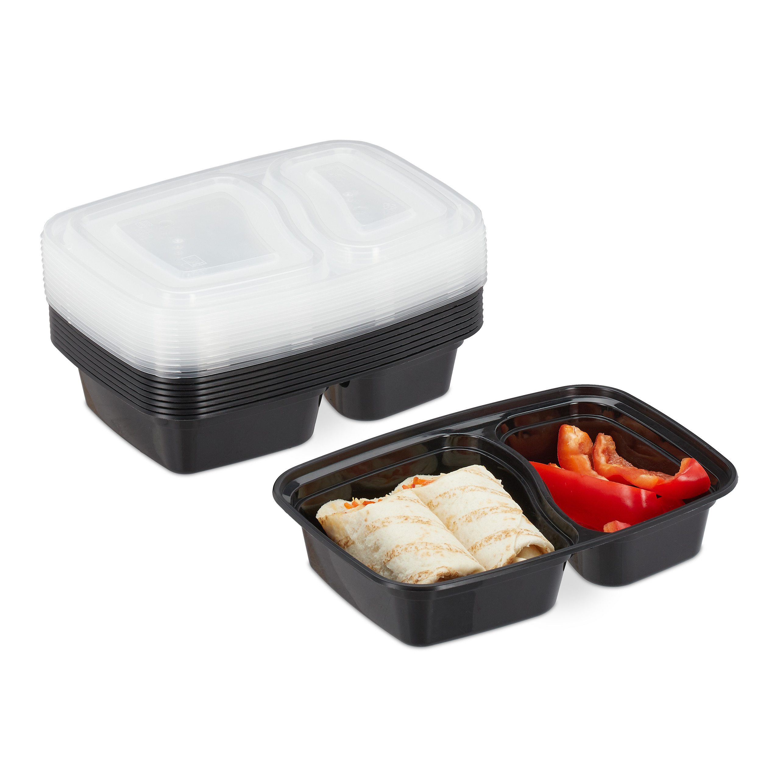 TEMU Boîtes repas 2 compartiments, lot de 10, 800 ml , 22 x 15.5 x 5 cm, en polypropylène, noires et transparentes, compatibles micro-ondes, étanches