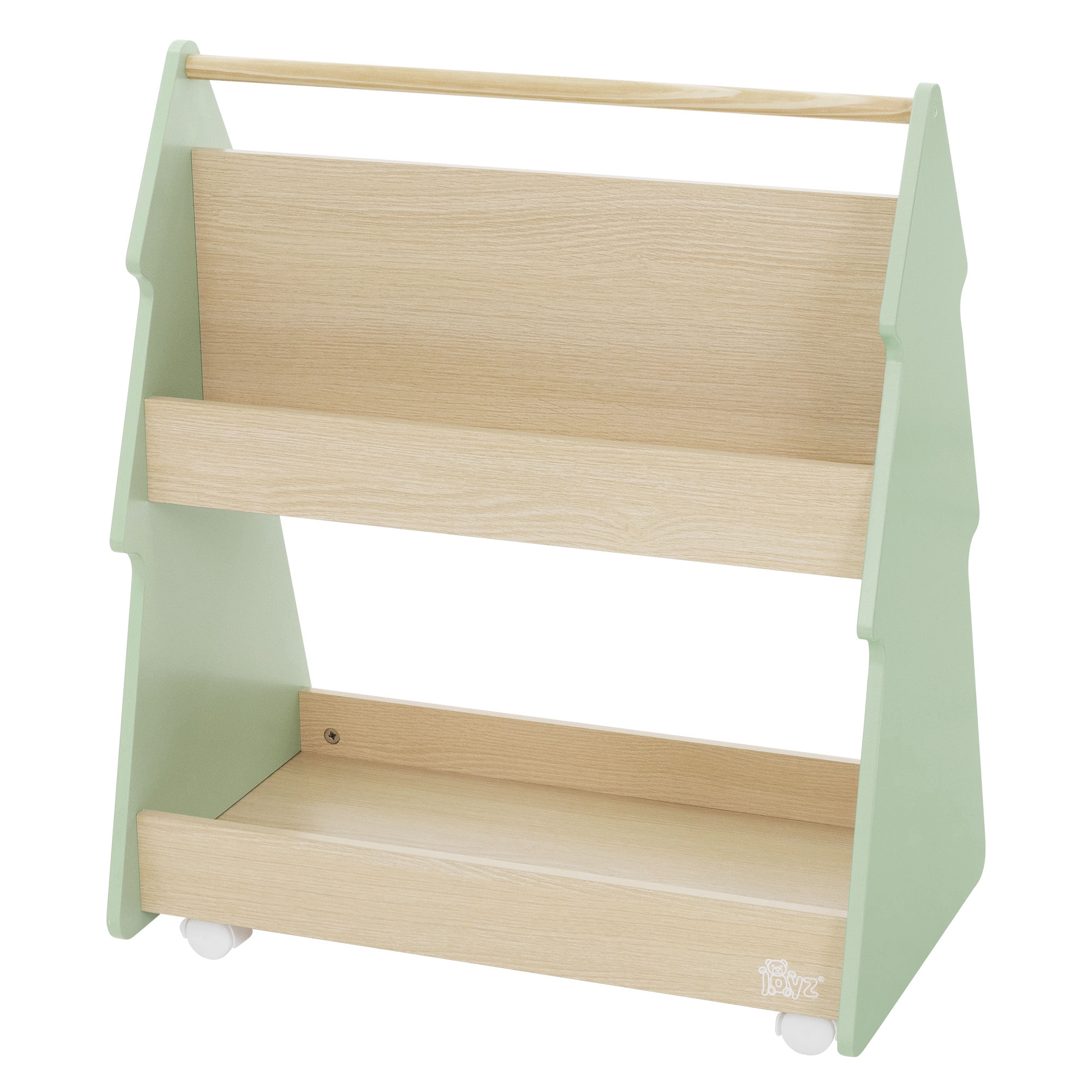 Image of Kids' Bookshelf Pine, 60x38x70.5 Cm, Green-natural, 2-sided Wooden Children's Shelf With 3 Shelves And 4 Wheels, Kids' Room Shelf, Storage Shelf For Children, Toy Shelf Bookcase