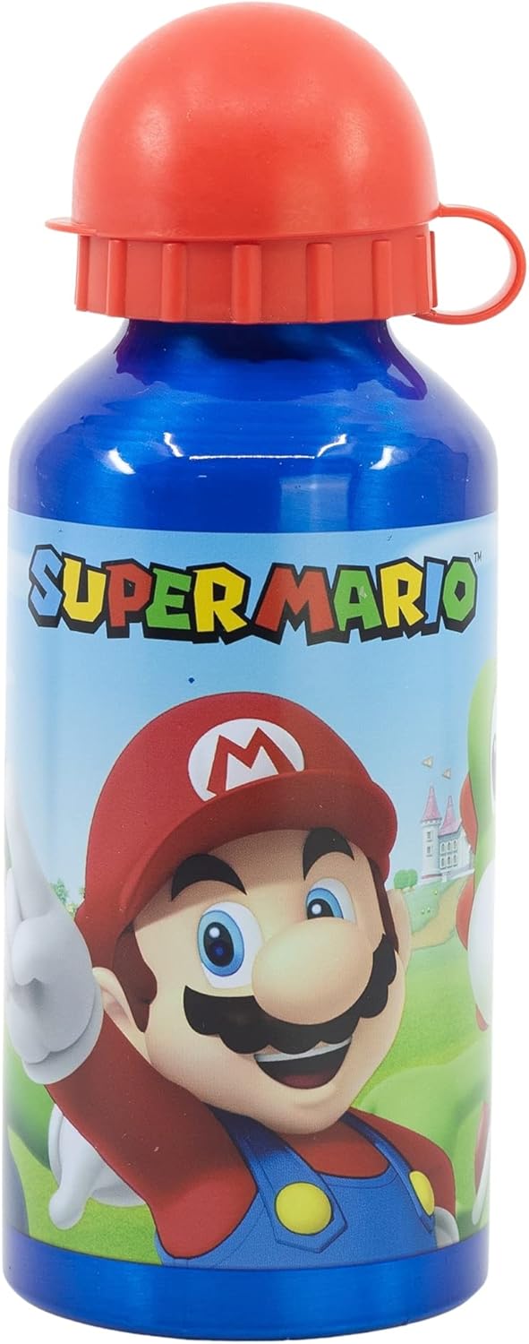 SUPER MARIO - Official School Water Bottle in Aluminum Alloy for Kids And Boys 400Ml with Retractable Spout - SUPERMARIO