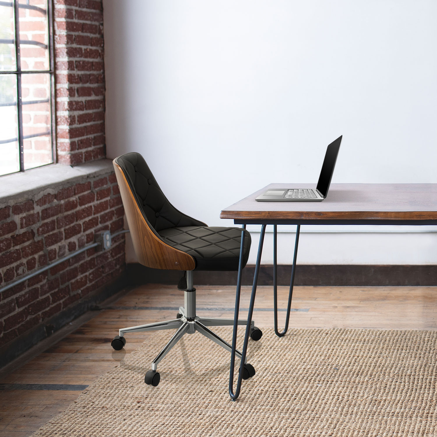 Image of Home Office Swivel Chair With Wood/faux Leather - Elegant Office Chair Look With Wooden Shell, Padded Seat & Height Adjustable Function, Black