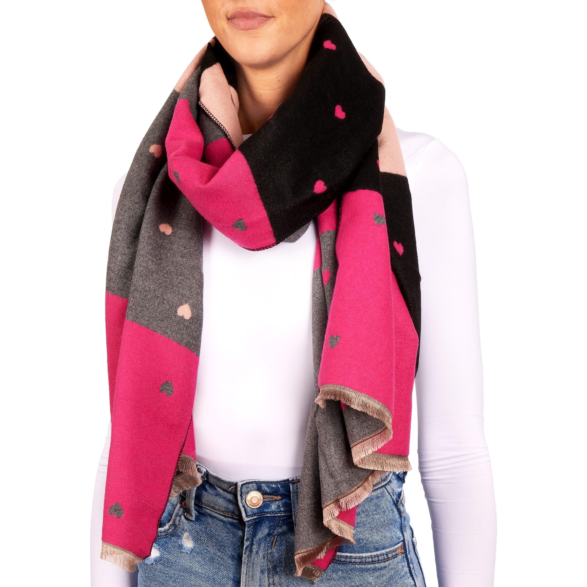 TEMU BRUBAKER Damen Schal mit Herz Muster - 70 x 200 cm - Warm, Kuschelig und Oversized - Winterschal für Herbst und Winter - Weiches Kaschmir-Gefühl