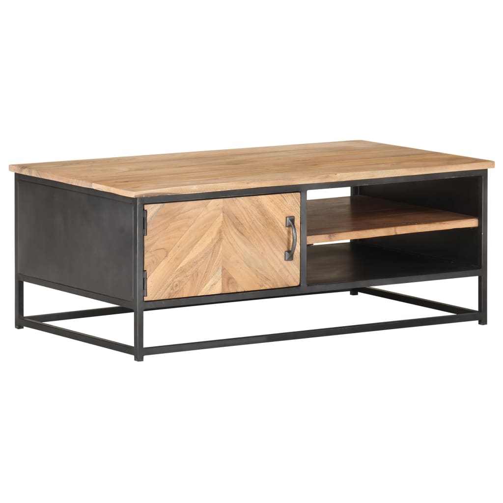 Vidaxl Solid Acacia Wood Coffee Table With 2 Compartments, 1 Door, Side Table, Living Room Table, Sofa Table, Tea Table, 90x50x35cm