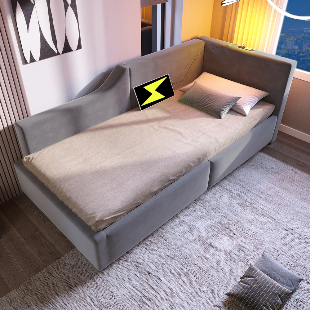 Daybed 90x200 With Storage Bed – Grey Sofa Bed, Velvet, Hydraulic Slat Base, Without Electronics