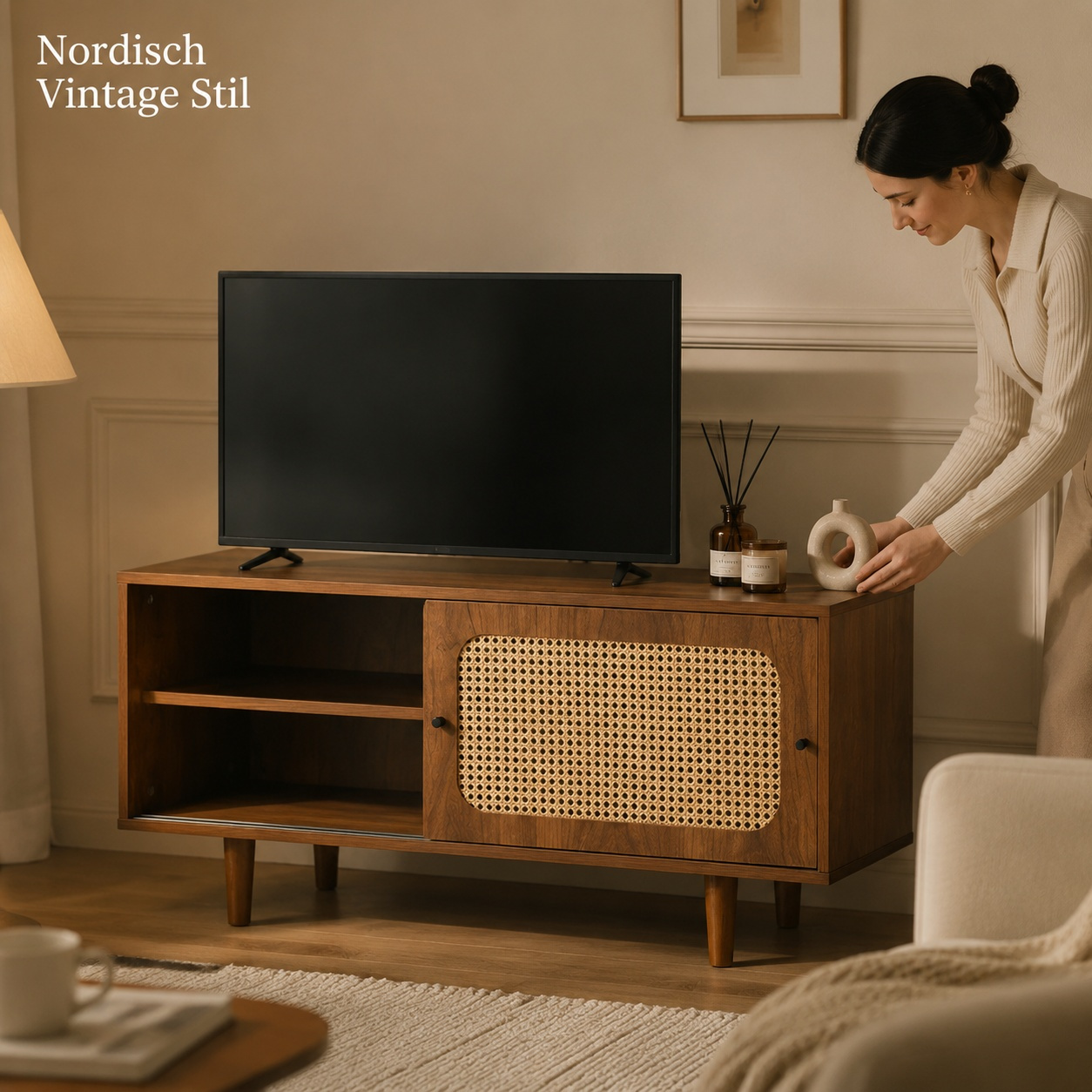 Image of 104x40x48 Cm Cabinet With Rattan Sliding Doors In Walnut Finish, Storage Cabinet For Living Room & Small Apartments