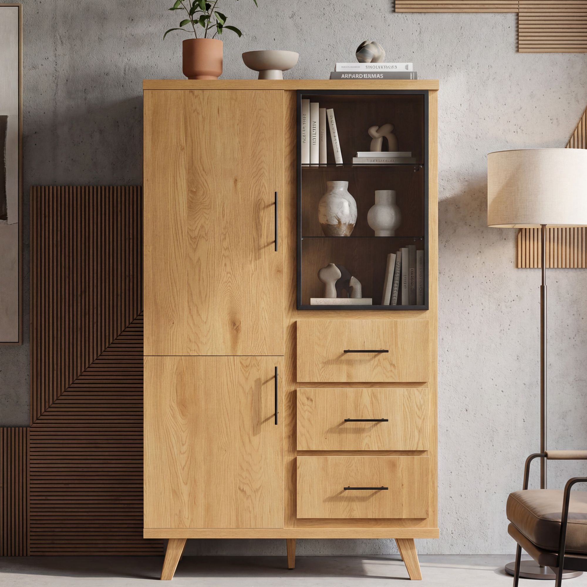Image of Tall Cabinet Mdf 188cm Oak Decor Large With Doors And Drawers - Design Floor Cabinet - Multipurpose Cabinet Wood Look - Modern Living Room Cabinet - Dining Room Cabinet With Shelf