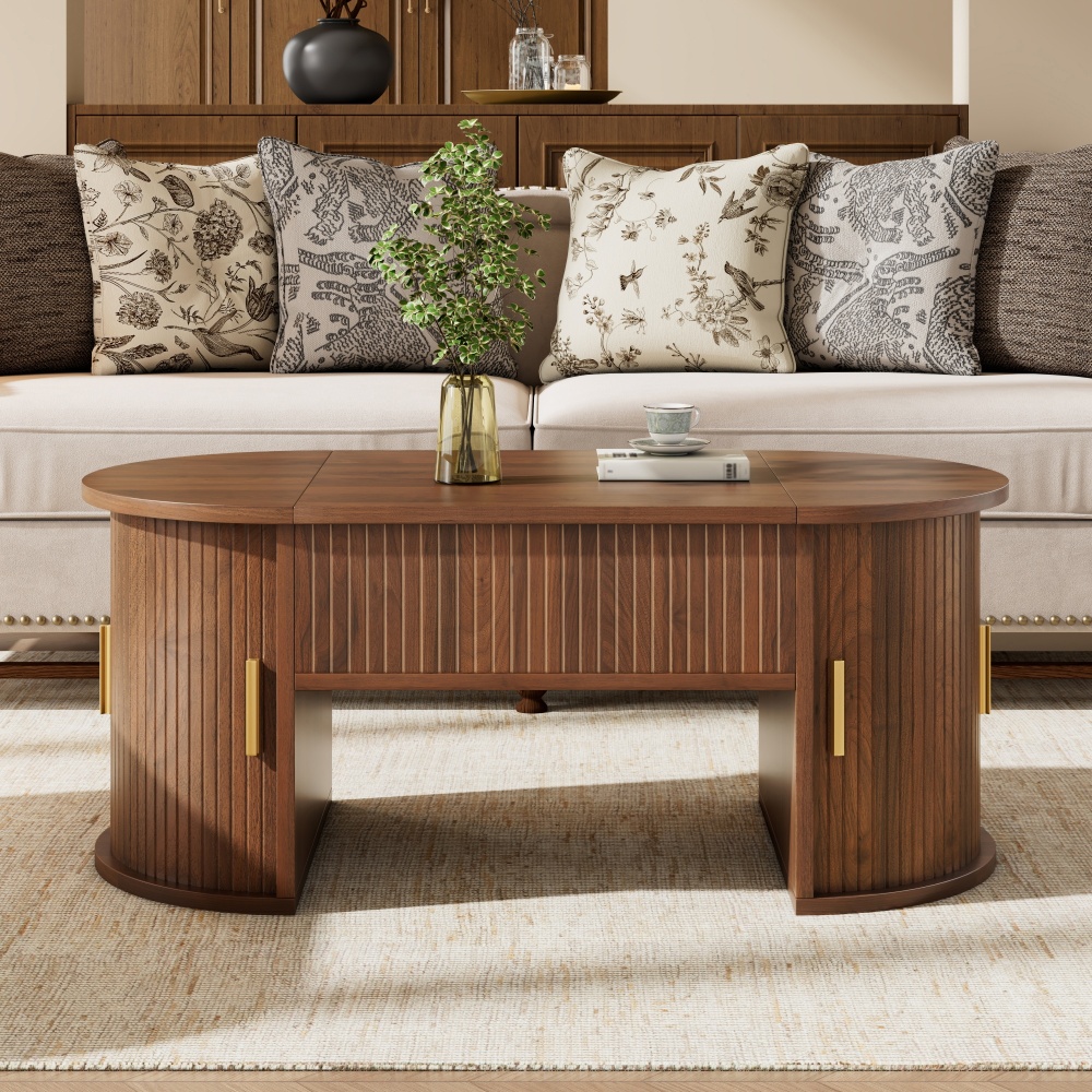 Height-adjustable Coffee Table | Oval | With Storage Space | Sliding Doors | Open Shelves | Living Room Table | Multifunctional