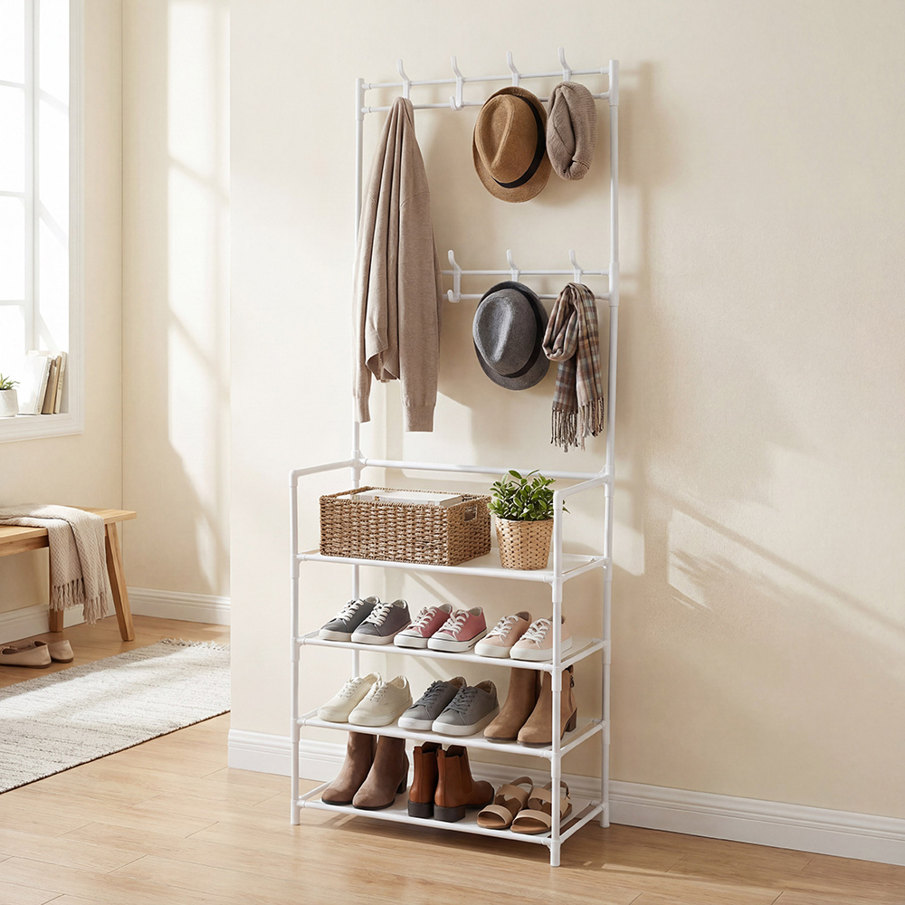 TEMU Metal Clothing Rail Rack Coat Stand And Shoe Rack 4-tier Fabric Shelves Shoe Racks, Entryway Hall Tree With Bench And Shoe Storage Clothes Rack