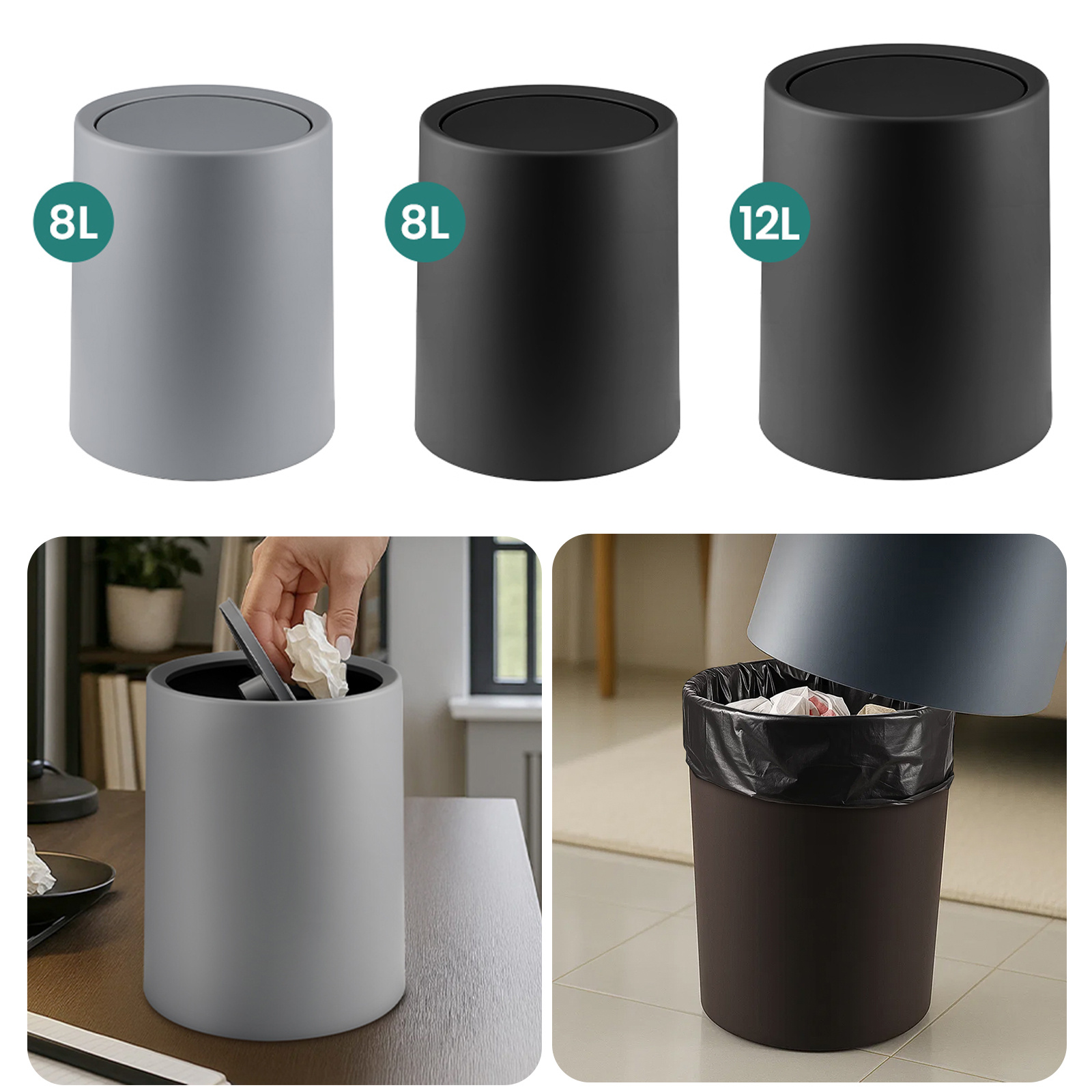 E-shop 8L/12L Schwingdeckeleimer Bad Mülleimer Bad Grau/Schwarz Abfalleimer mit Deckel Kosmetikeimer Schwingdeckel Plastik Abfallbehälter fürs