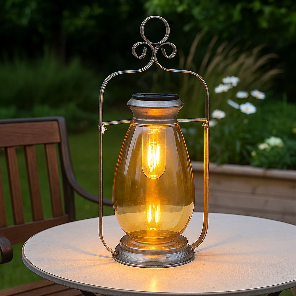Image of Led Solar Lantern Outdoor Lamp Garden Decoration Balcony Lamp, Metal Glass Amber Silver, Battery Ip44 Weatherproof, 3000k Warm White, H Cm