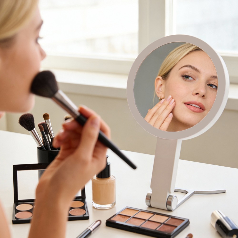 TEMU Double Sided Magnifying Glass Foldable Portable Makeup Mirror (with Tweezers For Handheld/desktop) Design