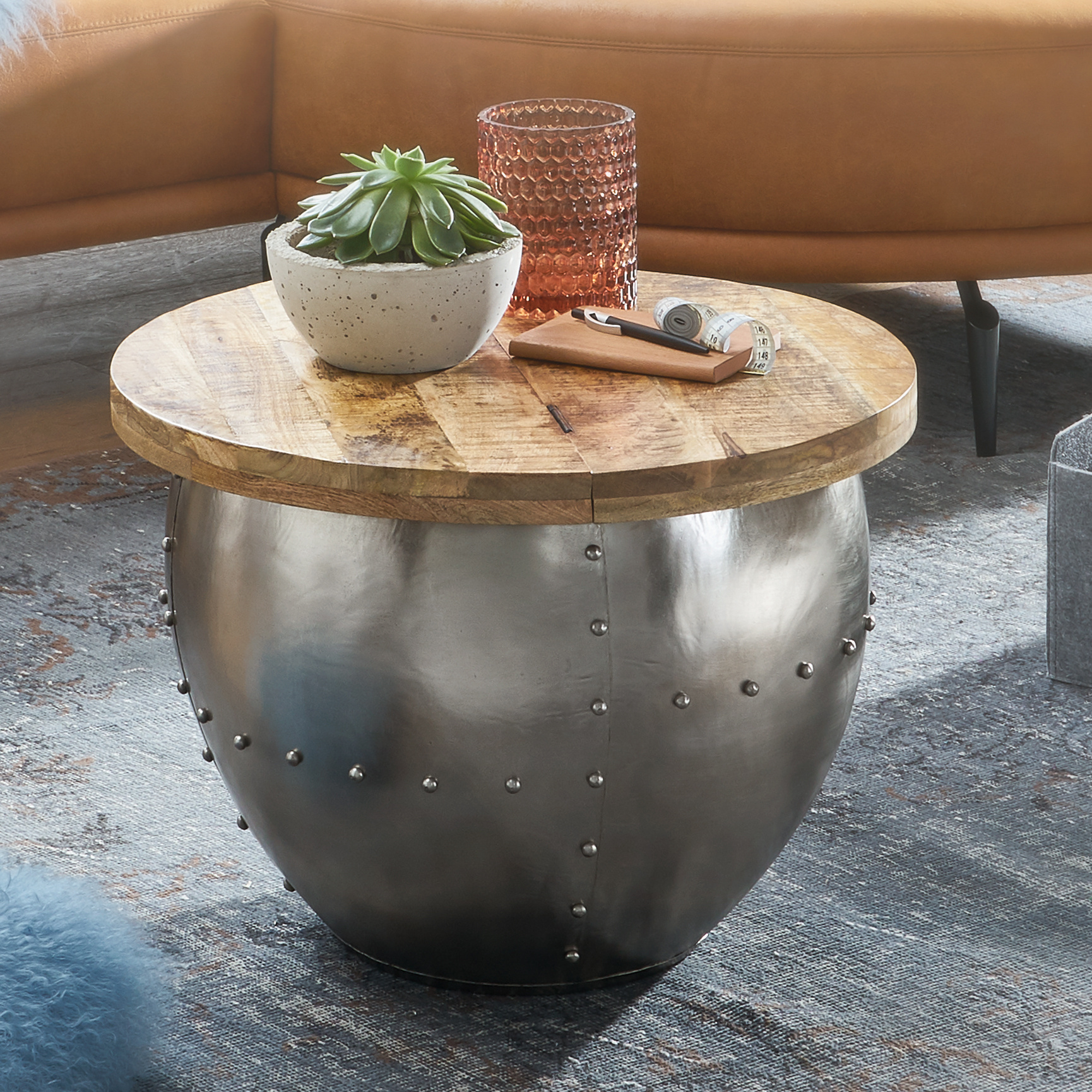 Image of Mango Solid Wood / Metal Coffee Table 60x43x60 Cm Industrial Style Round, Design Living Room Table With Storage, Modern Lounge Table Sofa Table
