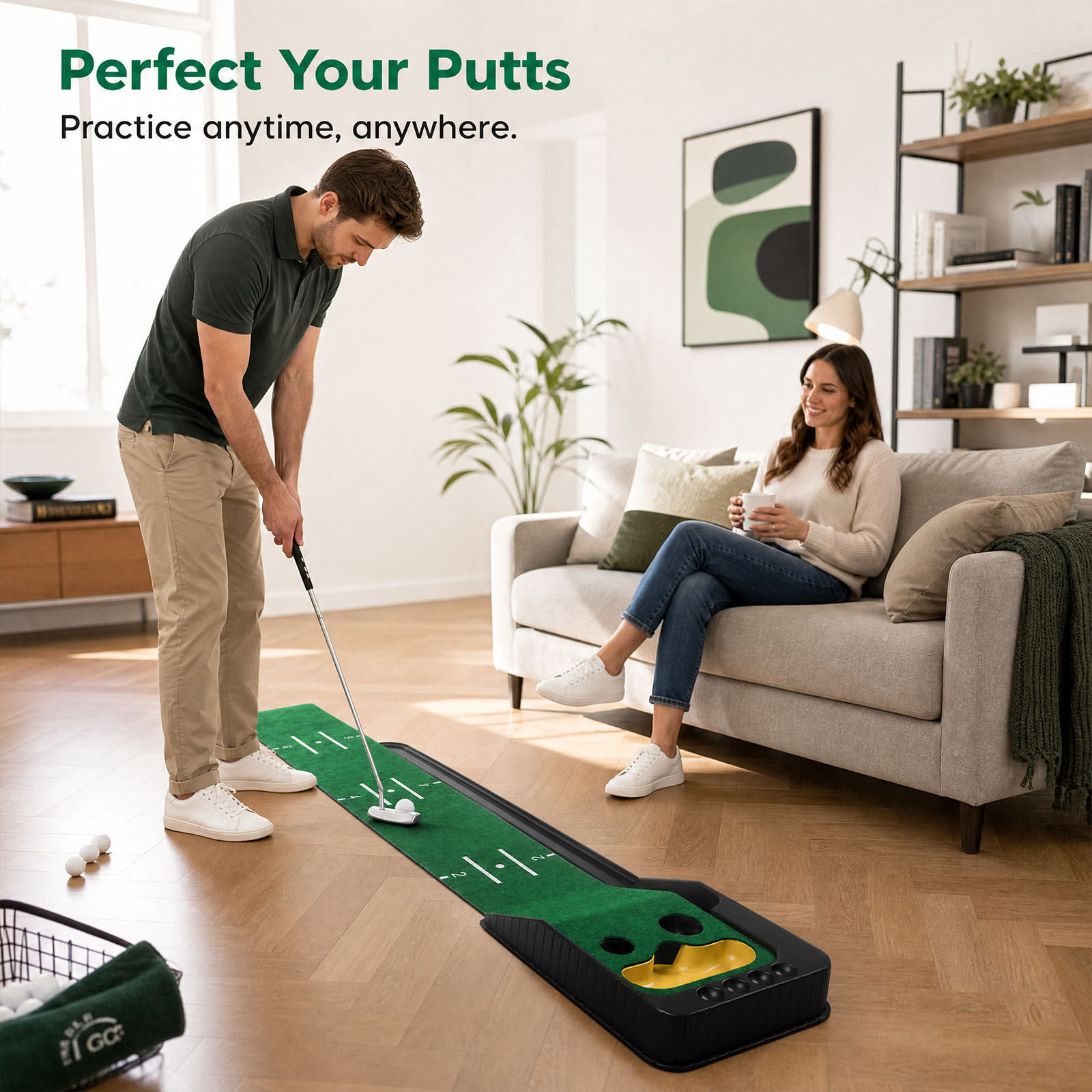 Golf Putting Mat with Automatic Ball Return & Dual-Hole Design