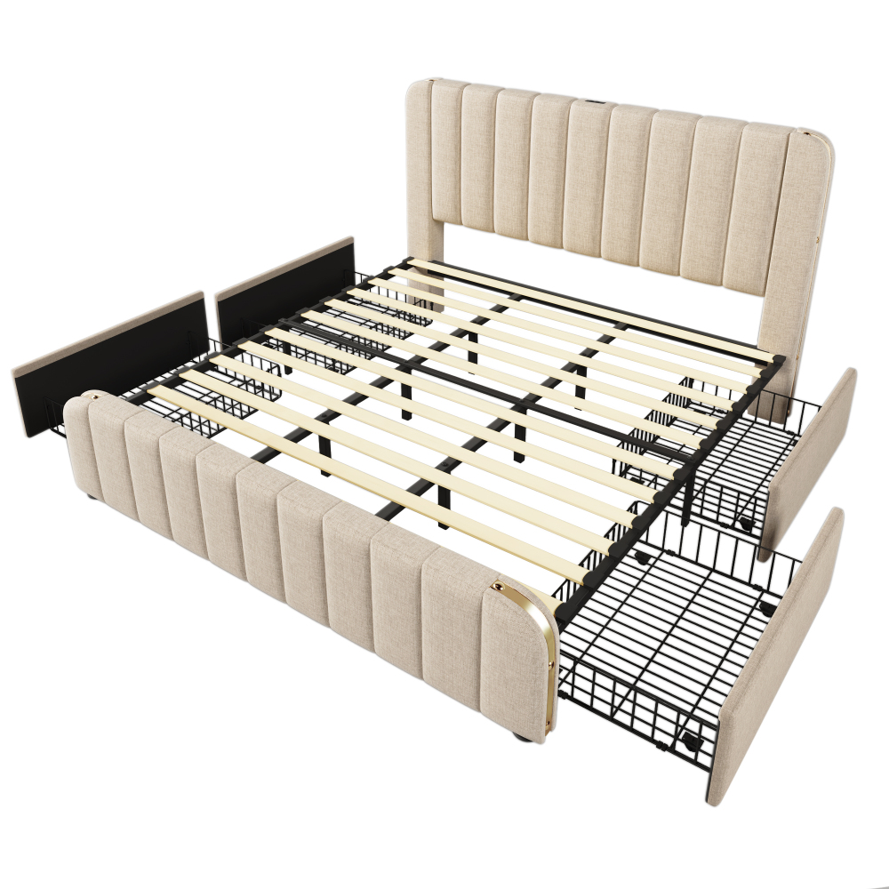 Image of 180x200 Cm, Spacious Low-noise High-riser Bed With Storage Space – Metal Frame & Solid Wood Slats, Shock-resistant Headboard, 4 Drawers + Under-bed Storage, Modern (mattress Not Included)