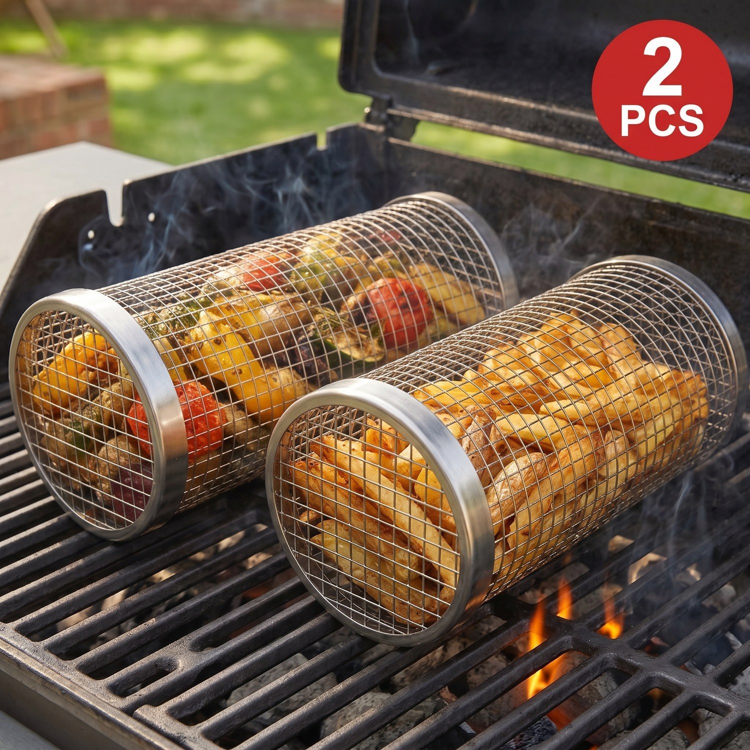 TEMU Rolling Grill Basket, Bbq Net Cylinder, Stainless Steel Wire Mesh Bbq Tube, Round Grilling Cage For Vegetables, , Fish & Meat, Portable Outdoor